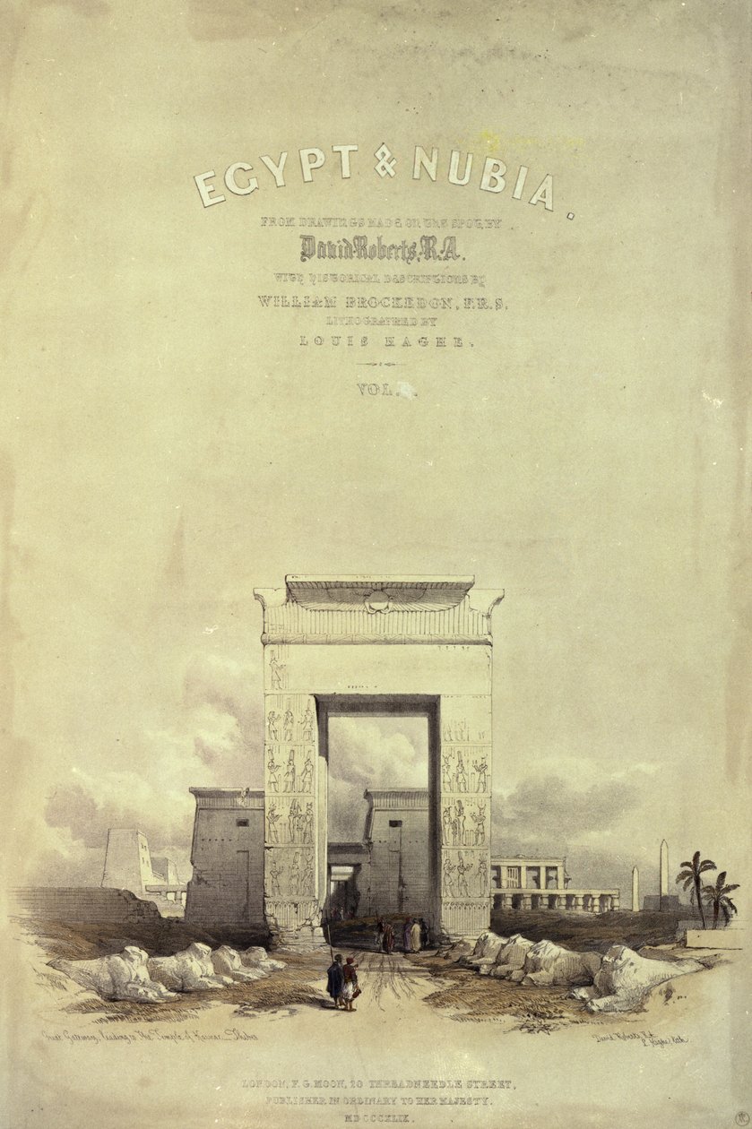 Suuri portti, joka johtaa Karnakin temppeliin, "Egypti ja Nubia" otsikkosivu, Louis Haghen litografia, julkaistu 1849 (litho) tekijältä David Roberts