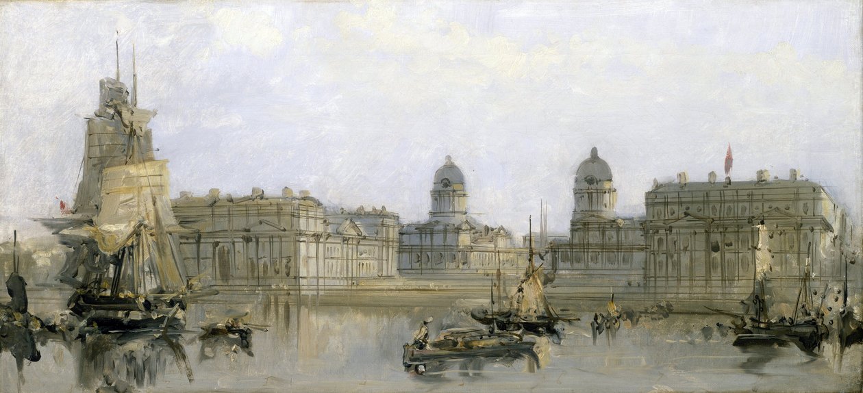 Greenwichin sairaala Thamesilta katsottuna (Englanti). David Robertsin (1796-1864) öljy kankaalle, noin 1860. tekijältä David Roberts