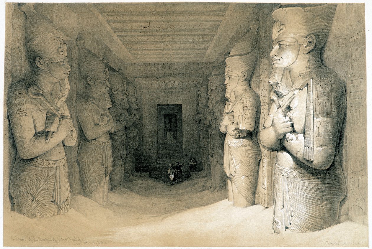 Aboo Simbelin (Abu tai Abu Simbel) temppelin sisustus, piirustus tehty 11.9.1836 "Pyhässä maassa", Lontoo 1849 tekijältä David Roberts