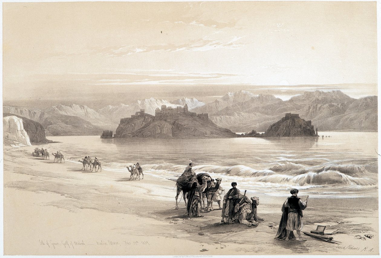 Graian saari, Akabahinlahti (Akaba tai Aqaba), piirros tehty 27.2.1839 "" Pyhässä maassa", Lontoo 1849 tekijältä David Roberts