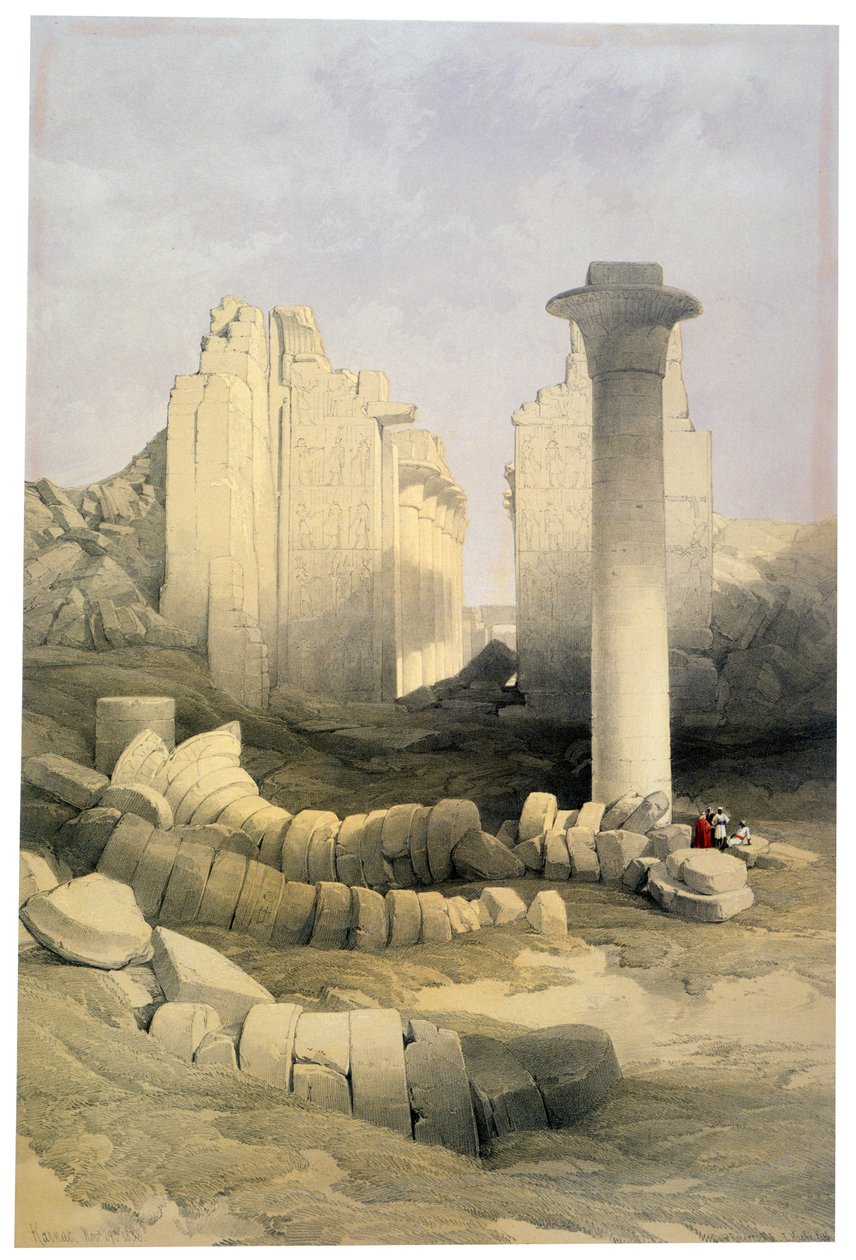 Karnak, 29. marraskuuta 1838": litografia David Robertsin (1796-1864) skotlantilaisen taiteilijan akvarellin mukaan. Muinainen Egypti Arkeologia tekijältä David Roberts