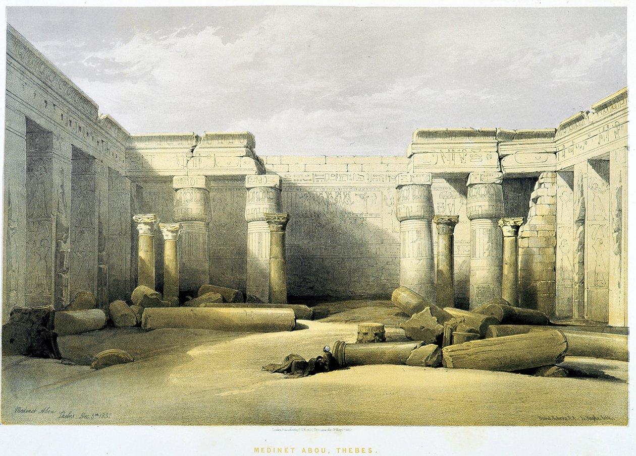 Medinet Abu (Medinet-Habou), Thebes (Thebes) - elokuvassa "Pyhä maa", Lontoo 1849 tekijältä David Roberts