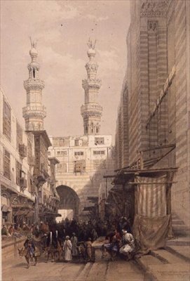 Minareetit ja Metwalysin moskeijan suuri sisäänkäynti, Kairo, teoksesta "Egypti and Nubia", Vol.3 (litografia). tekijältä David Roberts