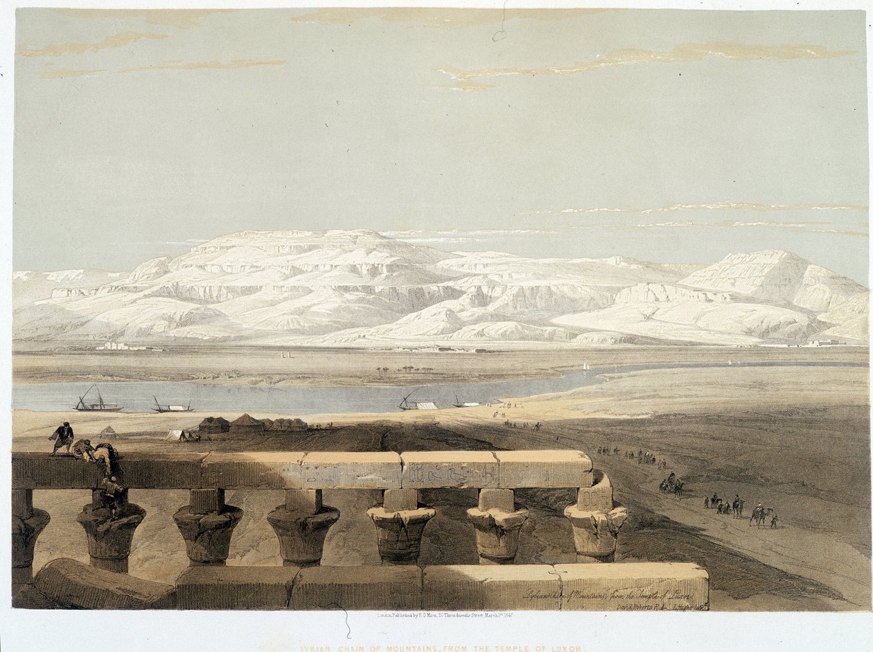 Vuori Libyassa nähtynä Egyptin Luxorin temppelistä. Piirustus tehtiin vuonna 1838 "Pyhässä maassa", Lontoossa 1849 tekijältä David Roberts