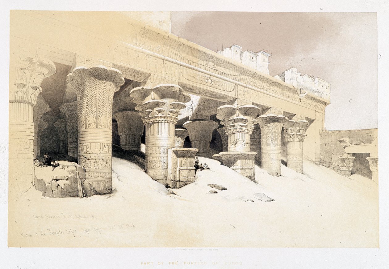 Osa Edfoun portiosta - David Robertsin piirustus 23.11.1838 teoksessa "The Holy Land", Lontoo 1849 tekijältä David Roberts