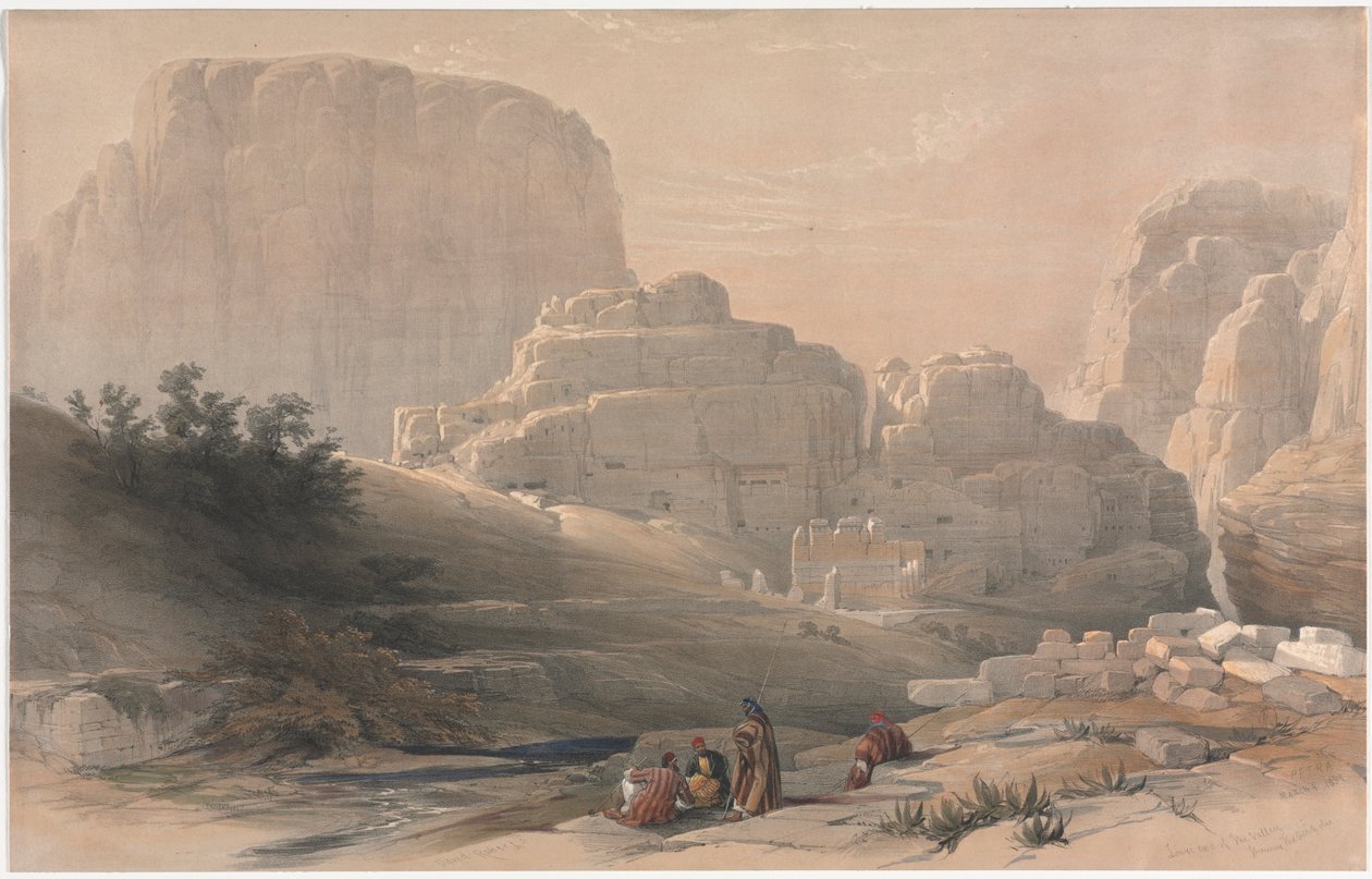 Petra, laakson alapää, katselemassa Akropolista, 1839. tekijältä David Roberts