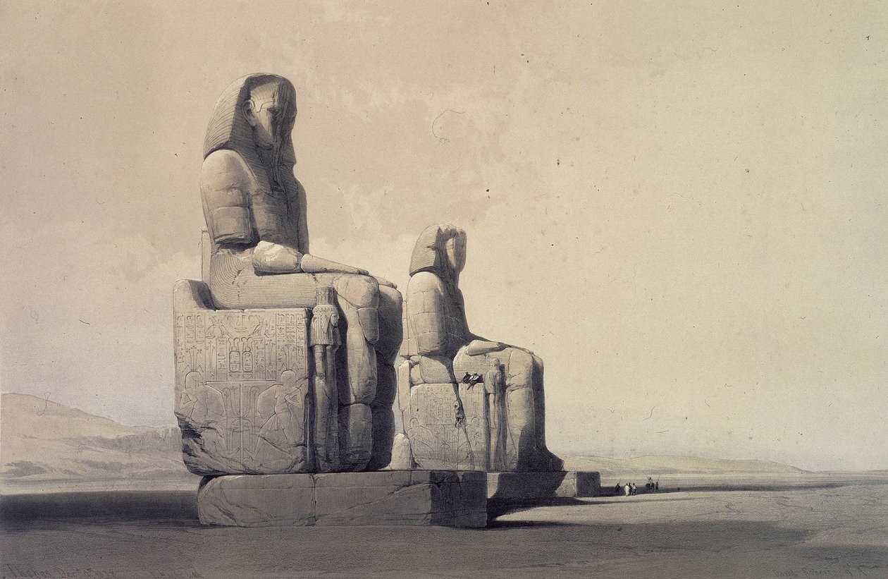Patsaat Thebessa, Egyptissä, c1845 (litografia) tekijältä David Roberts