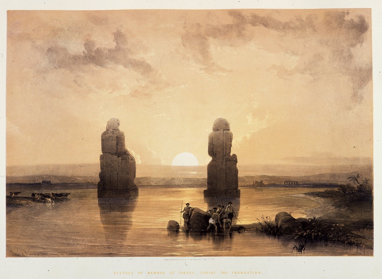 Memnonin patsaat (Memnonin kolossit) Thebassa, vedenpaisumusten aikana - "Pyhässä maassa", Lontoo 1849 tekijältä David Roberts