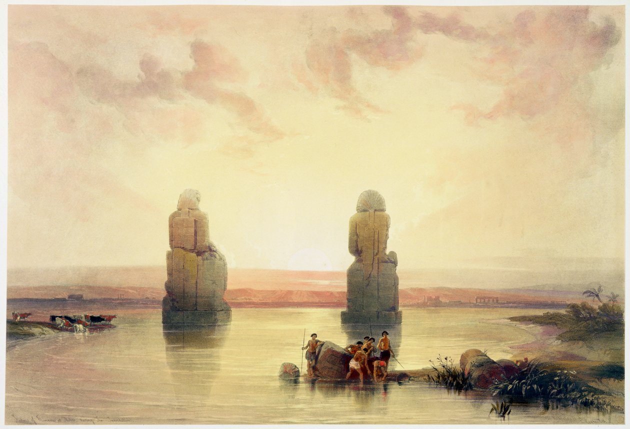 "Memnonin kolossit Thebassa tulvan aikana", Egypti, c1845 tekijältä David Roberts