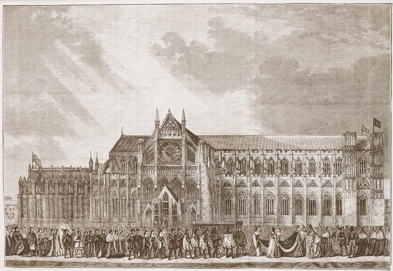 Anne Boleynin kruunauskulkue Westminster Abbeyyn, esimerkki James Aitken Wylien (1808-1890) teoksesta "Protestantismin historia", pub. 1878 tekijältä David Roberts
