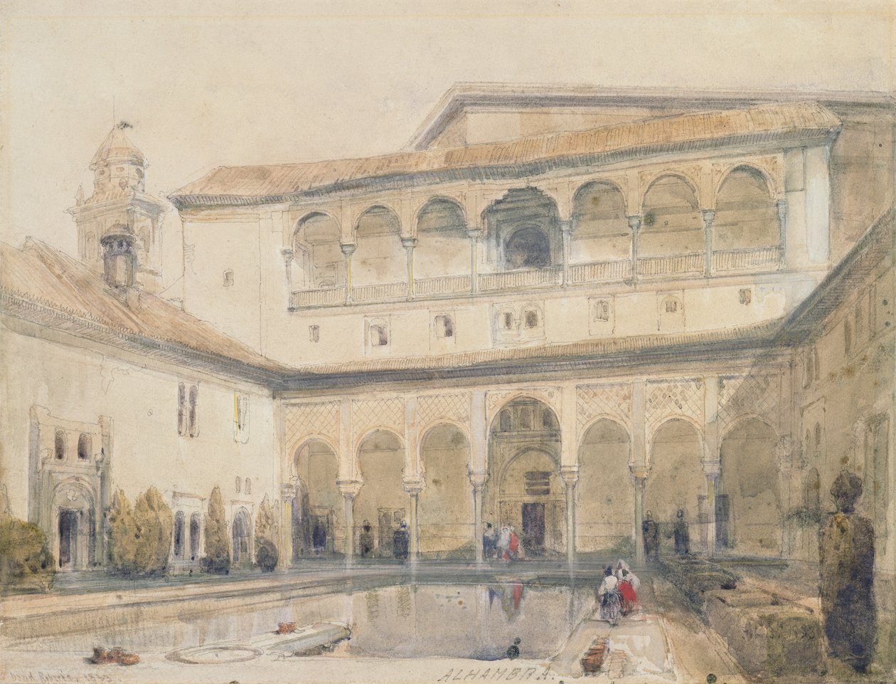 The Court of Myrtles, Alhambra (tai Hall of Myrtles, Alhambra) 1833 (kynä ja akvarelli paperille) tekijältä David Roberts