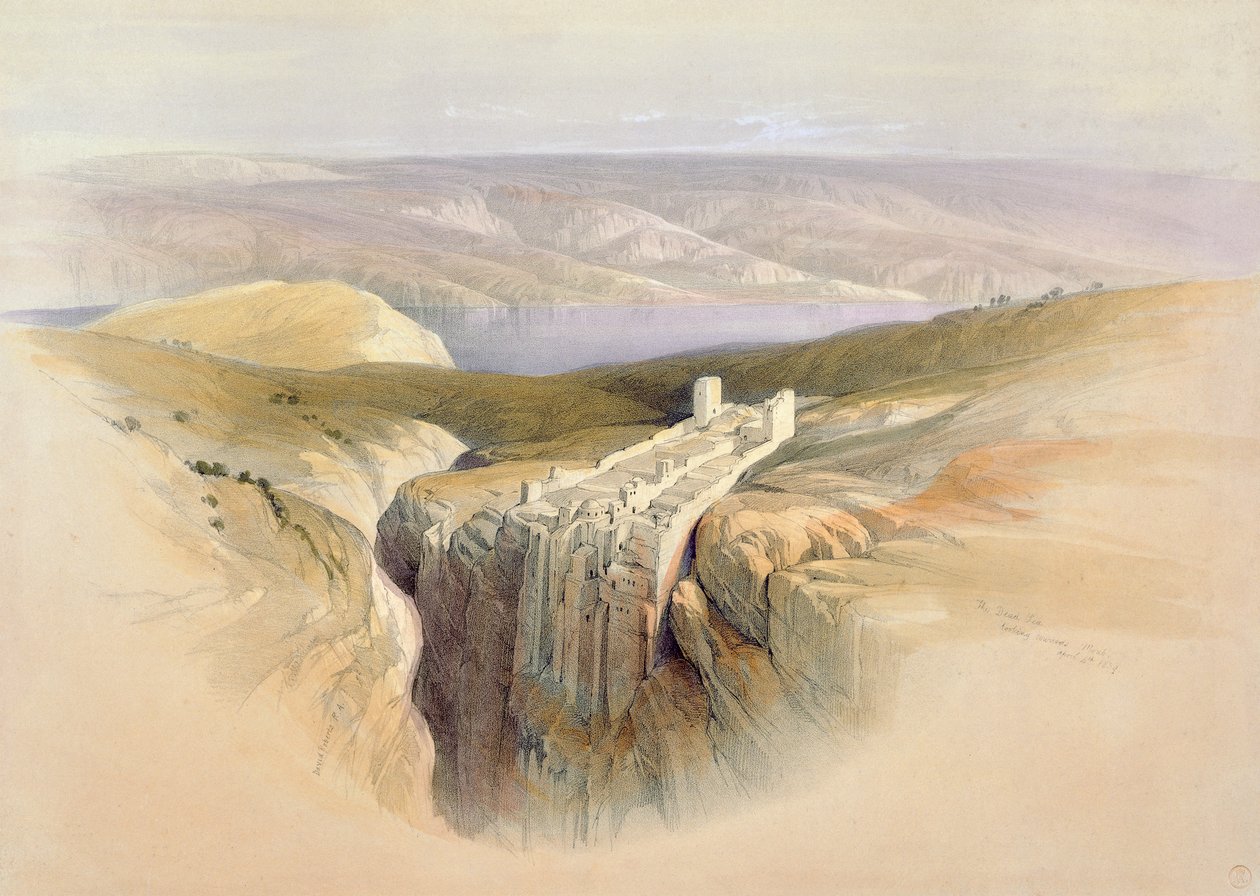 Kuollutmeri Moabin suuntaan, 4. huhtikuuta 1839, taulu 50 Louis Haghen (1806-85) julkaiseman teoksen "The Holy Land" (Pyhä maa) niteestä II, kaiverrettu. 1843 tekijältä David Roberts
