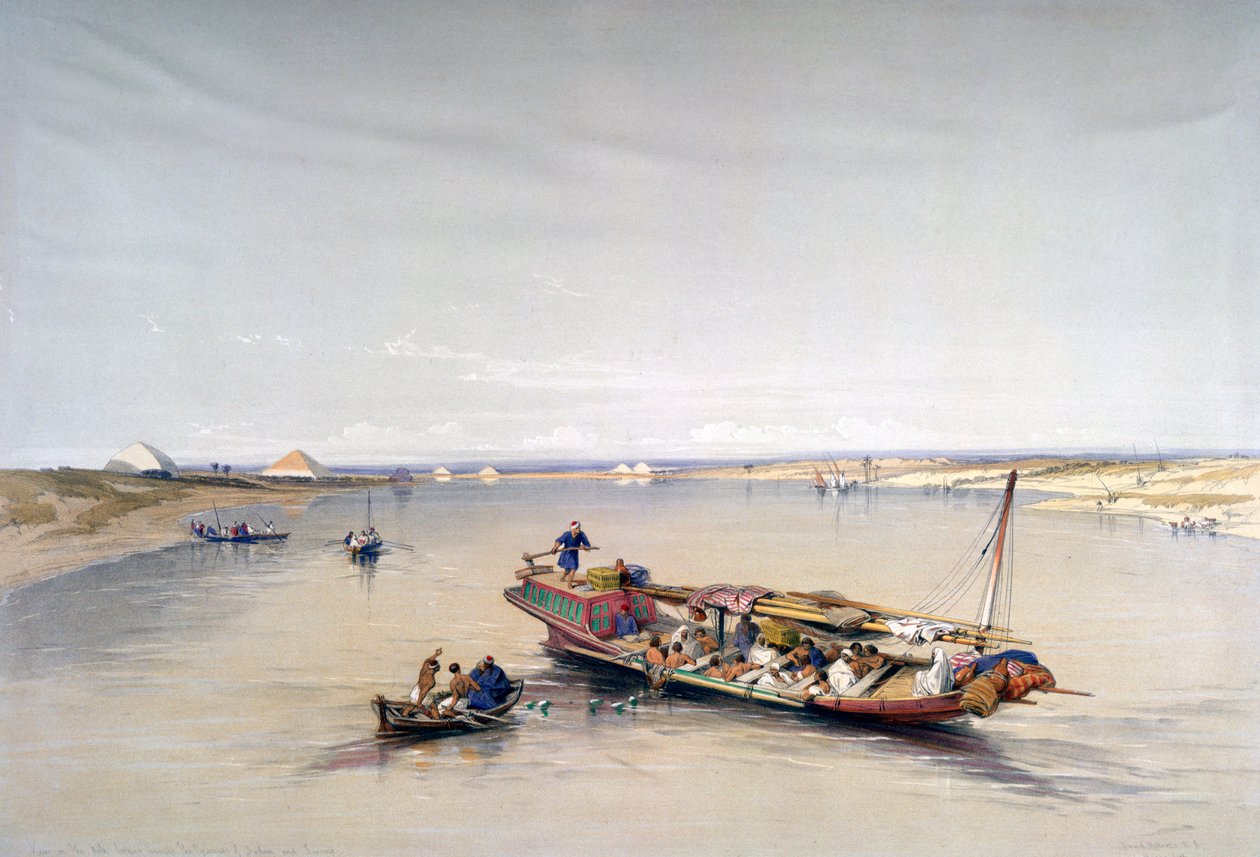 Niili päin Dahshurin ja Saqqaran pyramideja, 1800-luku tekijältä David Roberts