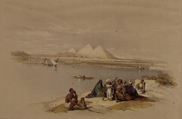 Gizan pyramidit Niililtä, kirjasta "Egypti ja Nubia", osa 1 (litografia). tekijältä David Roberts