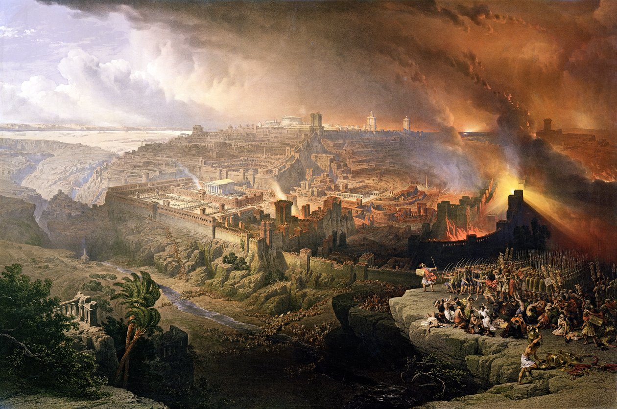 Jerusalemin piiritys ja tuhoaminen roomalaisten toimesta Tituksen johdolla vuonna 70 jKr. tekijältä David Roberts