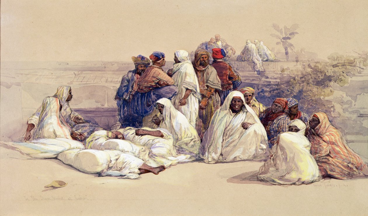 Orjamarkkinat, Kairo, noin 1838 (lyijykynä ja vesiväri paperille). tekijältä David Roberts