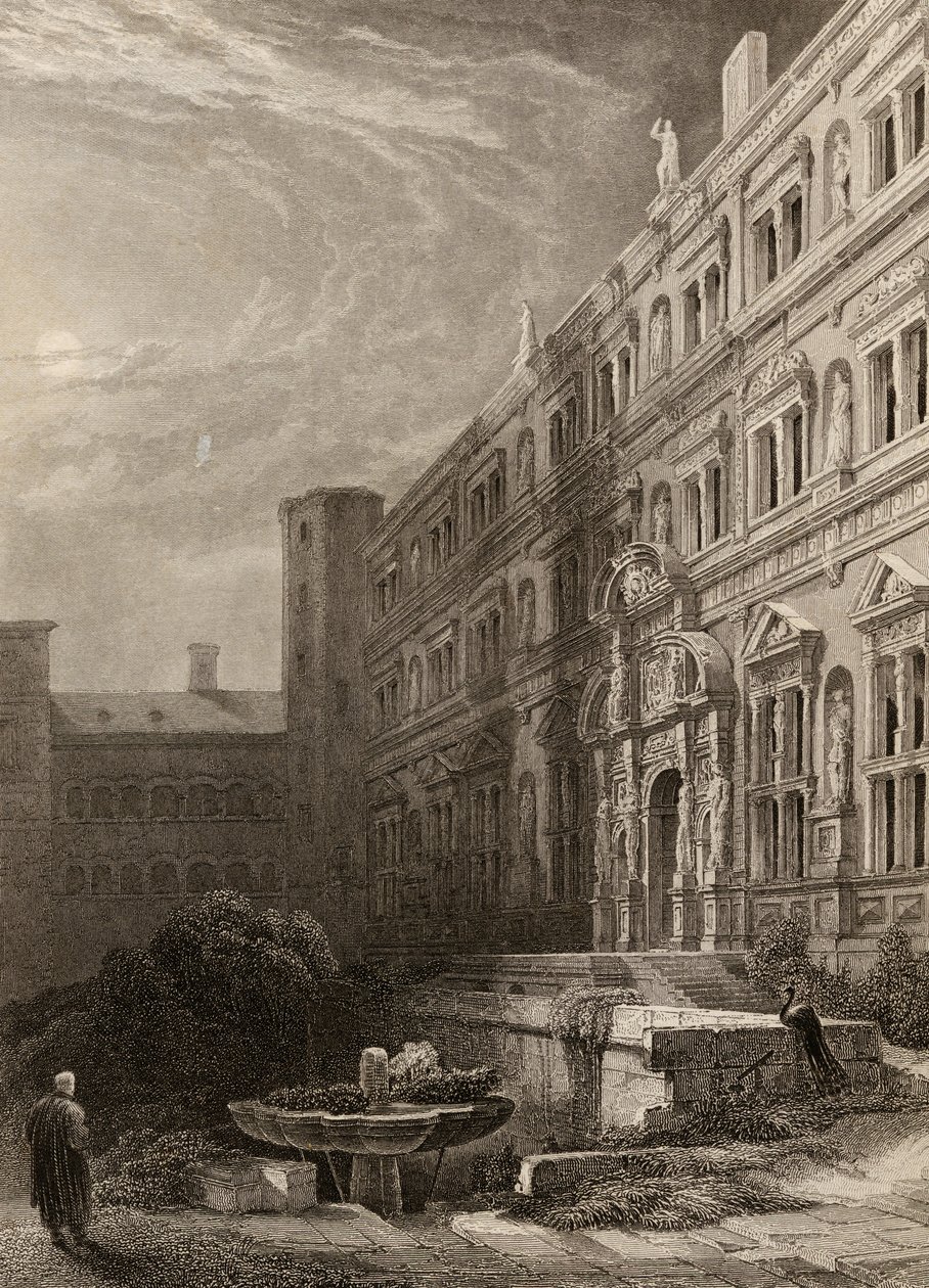 Heidelbergin suuri hovi, H. Winklesin kaiverrus, kuvitus Reinin pyhiinvaeltajista, julkaistu 1840 tekijältä David Roberts
