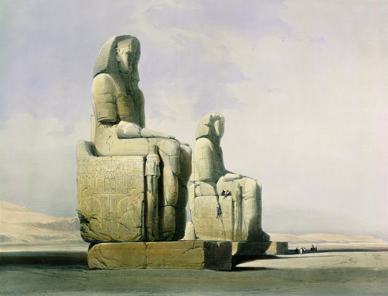 Thebes, 4. joulukuuta 1838, Memnonin kolossin yksityiskohta, levy 12 Egyptin ja Nubian niteestä I, kaiverrettu Louis Haghe 1806-85 pub. 1846 litografinen yksityiskohta kuvasta 67033 tekijältä David Roberts