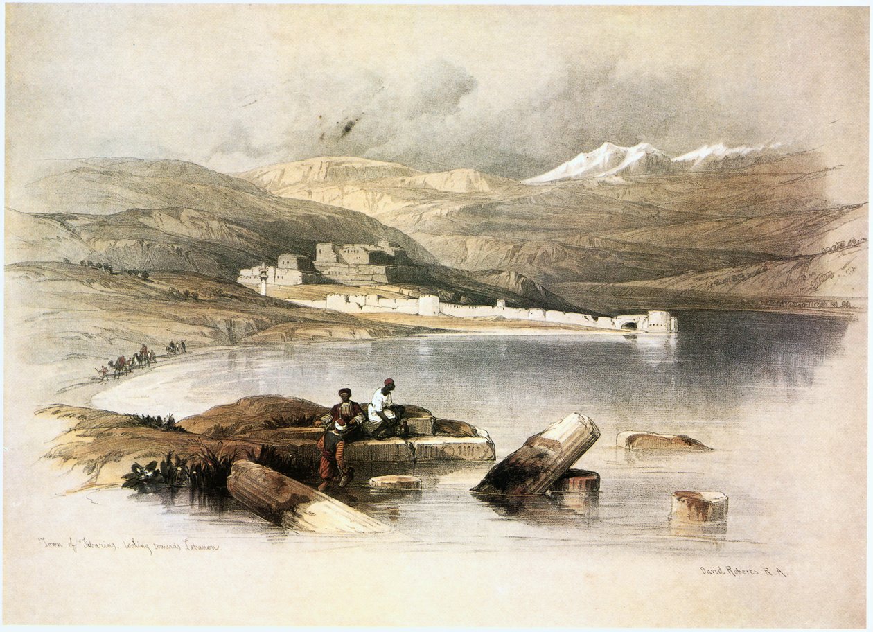 Tiberias, näkymä kohti Hermon-vuorta (kaiverrus) (kaiverrus) tekijältä David Roberts