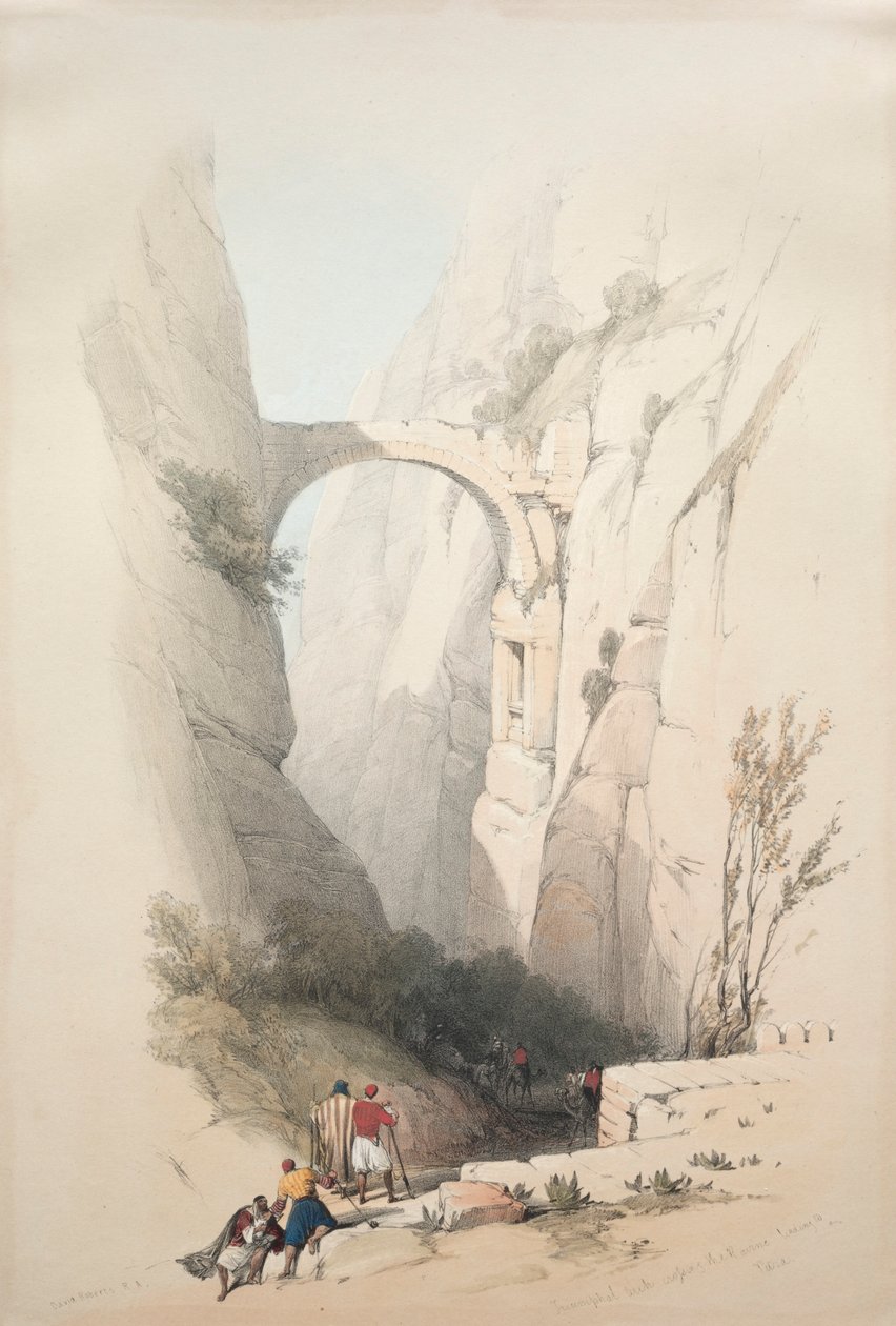 Petraan johtava riemukaari, joka ylittää rotkon, 1839. tekijältä David Roberts
