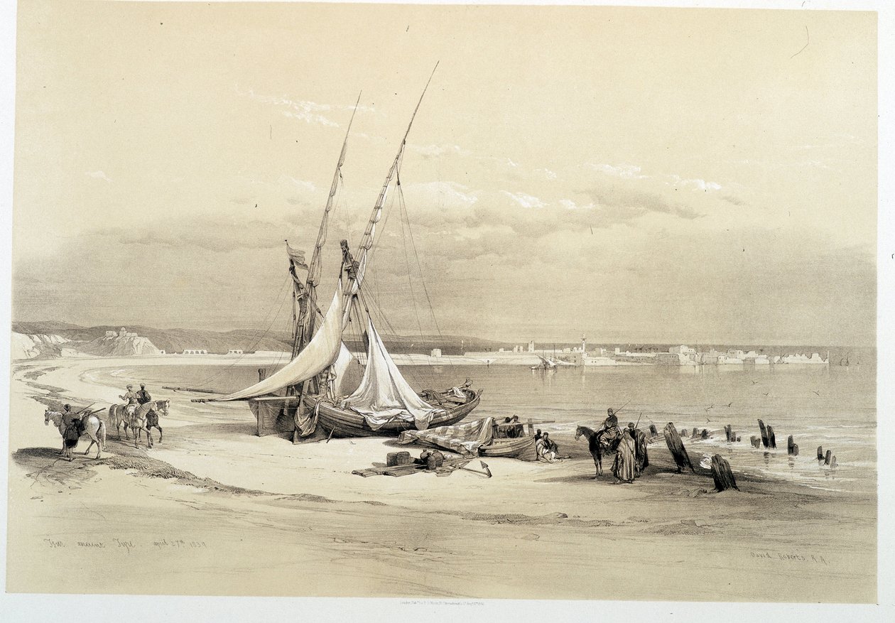 Näkymä Tyren (Tyre) kaupungista Libanonissa, piirustus tehty 27.04.1839 "" Pyhässä maassa", Lontoo 1849 tekijältä David Roberts
