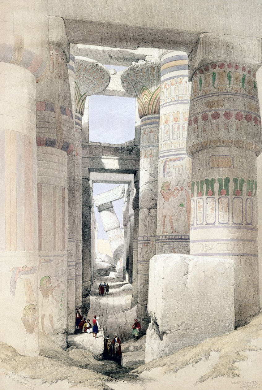 "Näkymä Pylväshallin läpi, Karnak", Egypti, 1845 tekijältä David Roberts