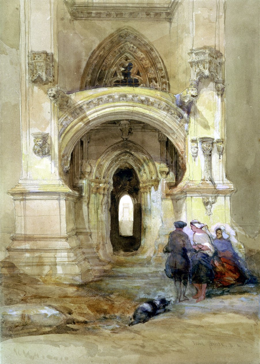 West Porch of Roslyn Chapel (wc ja guassi paperilla) tekijältä David Roberts