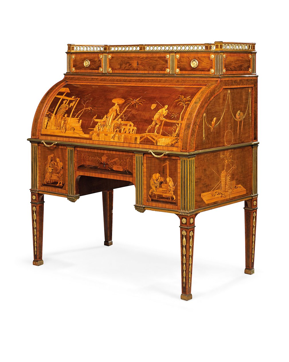 Mekaaninen sylinteritoimisto, Neuwied, n. 1776-1779 (ormolu-asennettu ja messinkiuurteinen amboyna, tulppaanipuu, petsattu sycamore & intarsia) tekijältä David Roentgen