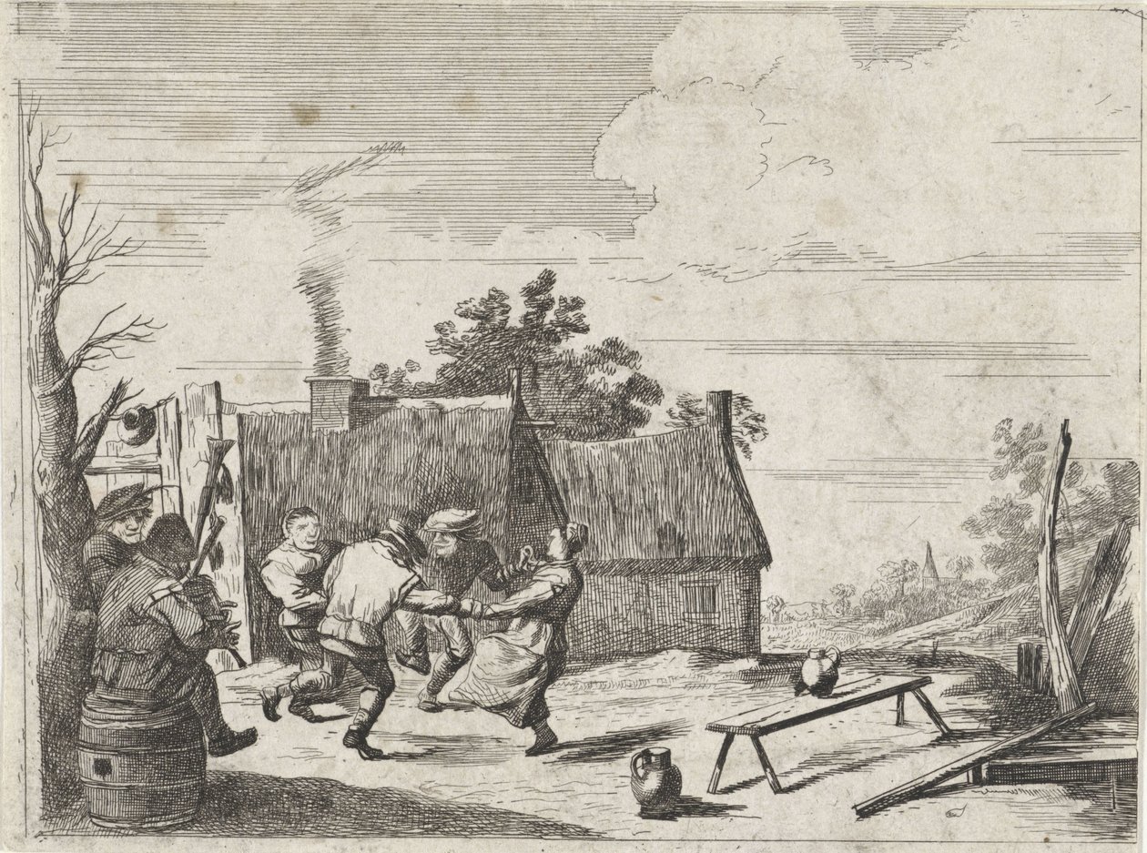 Tanssivat maanviljelijät kahden muusikon musiikin tahtiin tekijältä David Teniers (II)