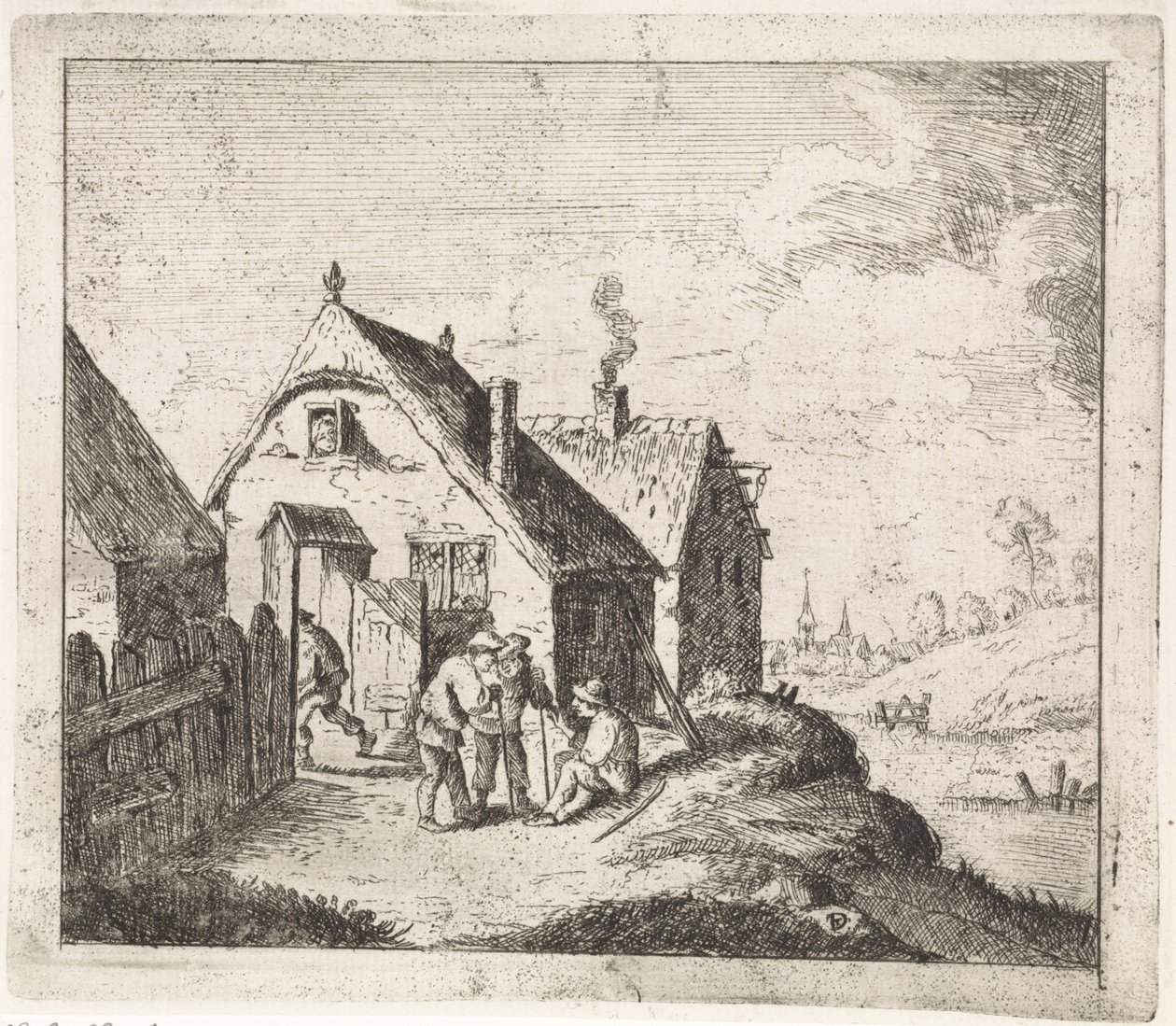 Kolme miestä keskustelemassa talossa tekijältä David Teniers (II)