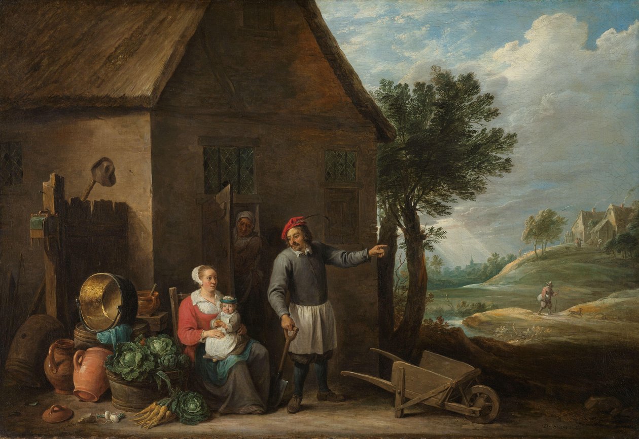 Aviomies mökin ovella istuvan naisen ja lapsen kanssa tekijältä David Teniers (II)
