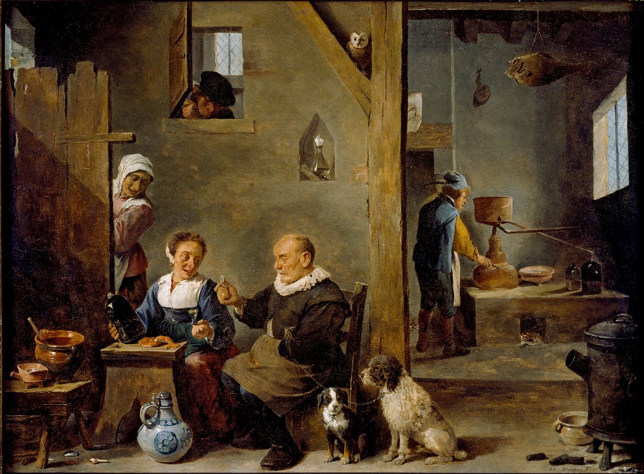 Tislaamo, jossa iäkäs mies ostaa giniä naiselta, c1640-1649 tekijältä David Teniers II