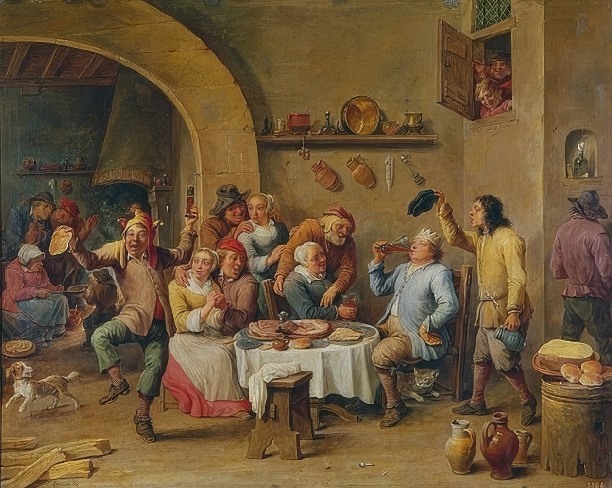 Kuningas juo (Le Roi Boit). 1650-60 tekijältä David Teniers the Elder