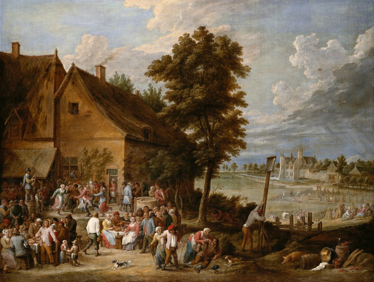 Juhla sadonkorjuun aikaan, taustalla Drij Torenin talo tekijältä David Teniers the Younger