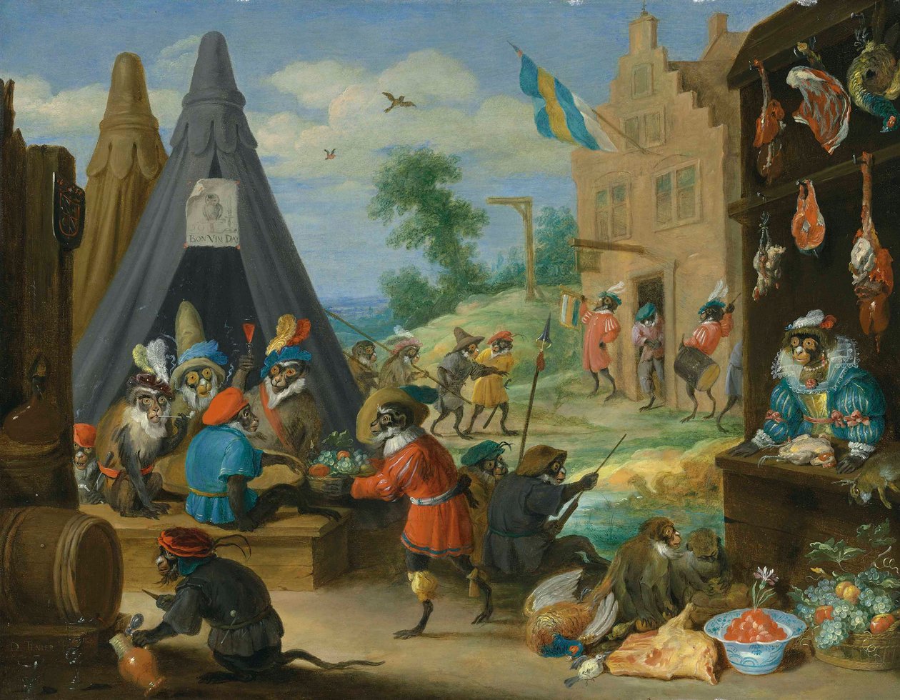 Apinoiden festivaali (sotilaiksi pukeutuneet apinat leirissä kaupungin lähellä) tekijältä David Teniers the Younger