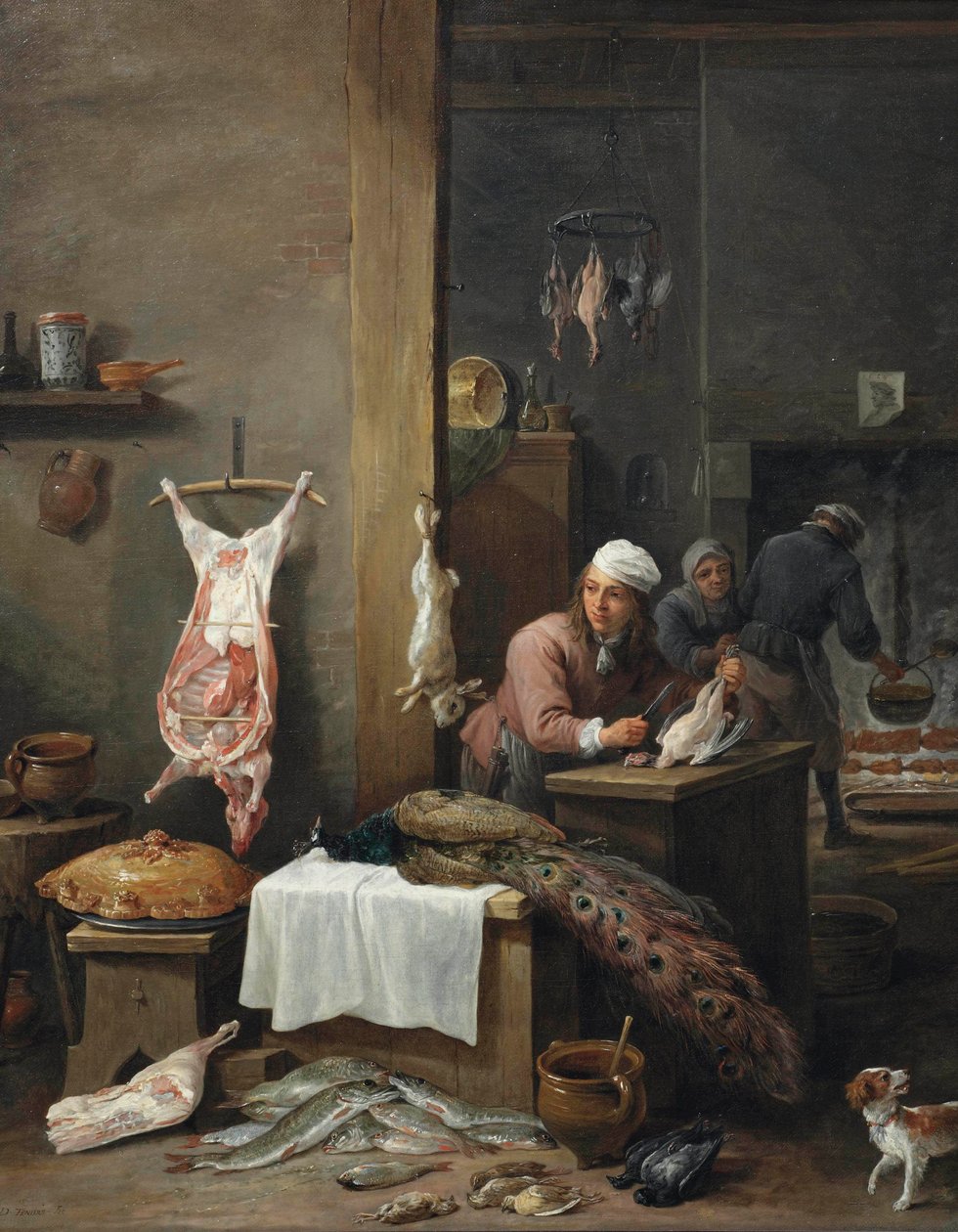 Keittiön sisustus, jossa kokki valmistelee riistaa pöydän ääressä (Le Cuisinier Flamand). tekijältä David Teniers the Younger