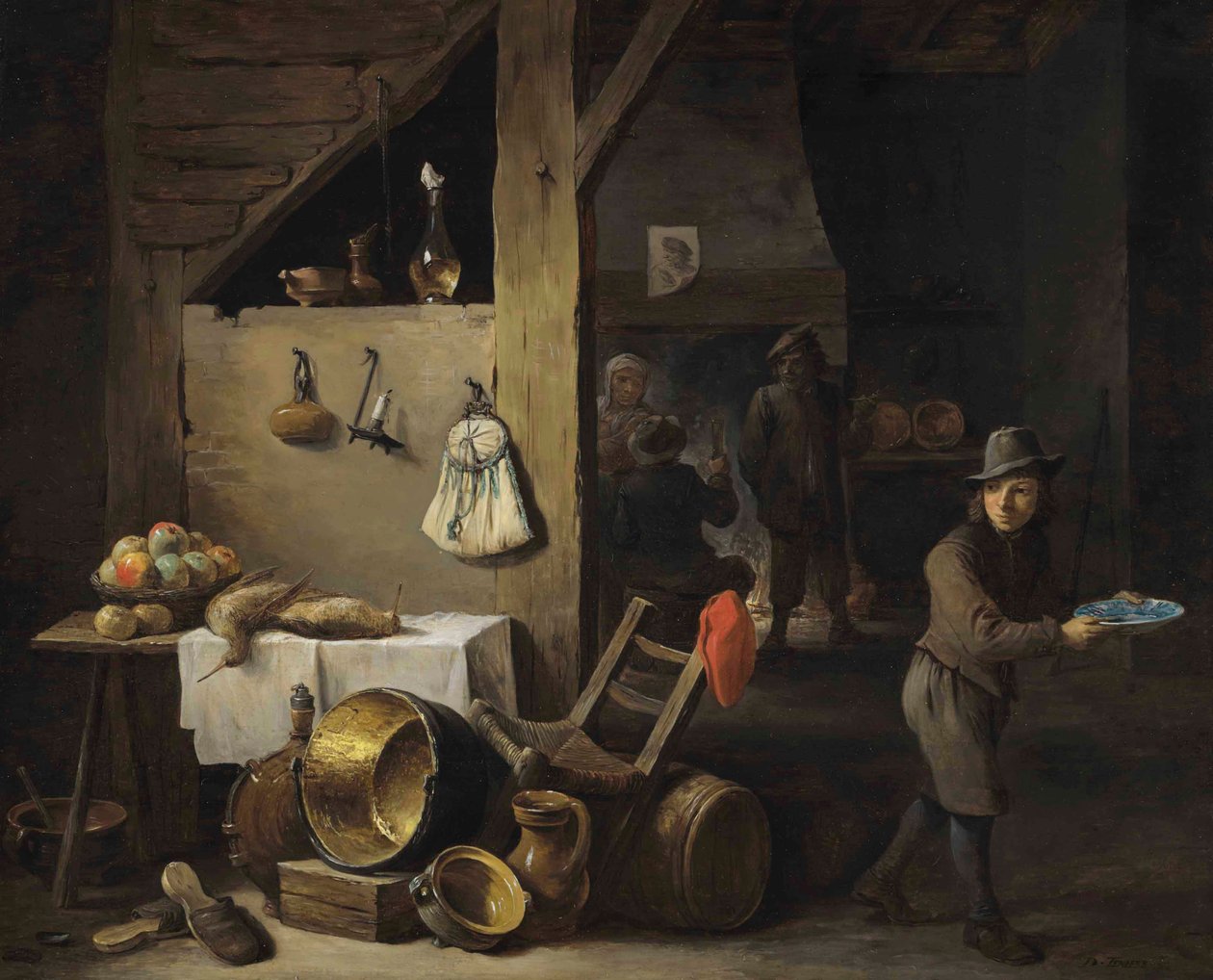 Keittiön sisustus, jossa on nuori poika ja kolme hahmoa juomassa ja tupakoimassa. tekijältä David Teniers the Younger