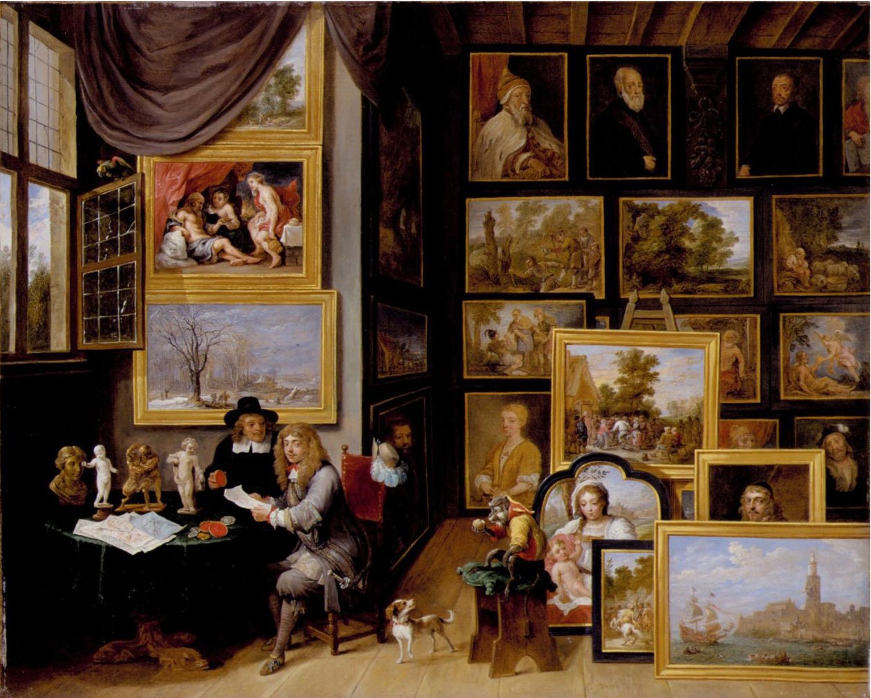 Kuvagalleria, jossa kaksi miestä tutkii sinettiä ja punaista liitupiirrosta, ja apina on läsnä. tekijältä David Teniers the Younger