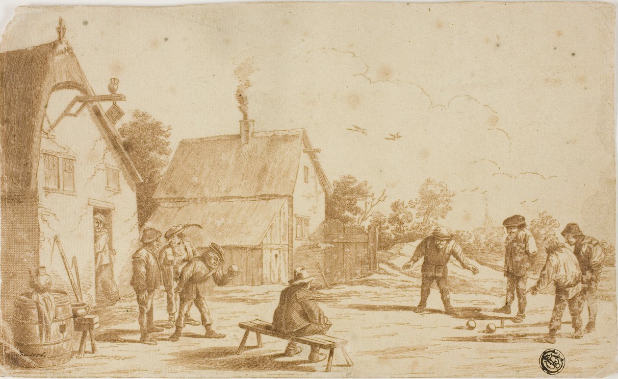 Miehet pelaavat boules ulkopuolella Taverna tekijältä David Teniers the Younger