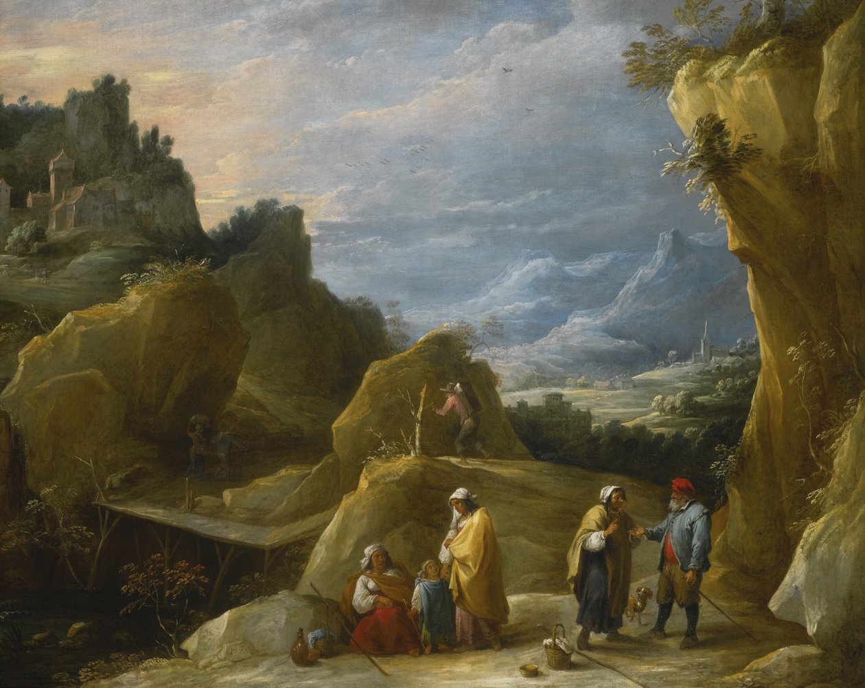 Vuoristomaisema ja mustalainen ennustaja tekijältä David Teniers the Younger