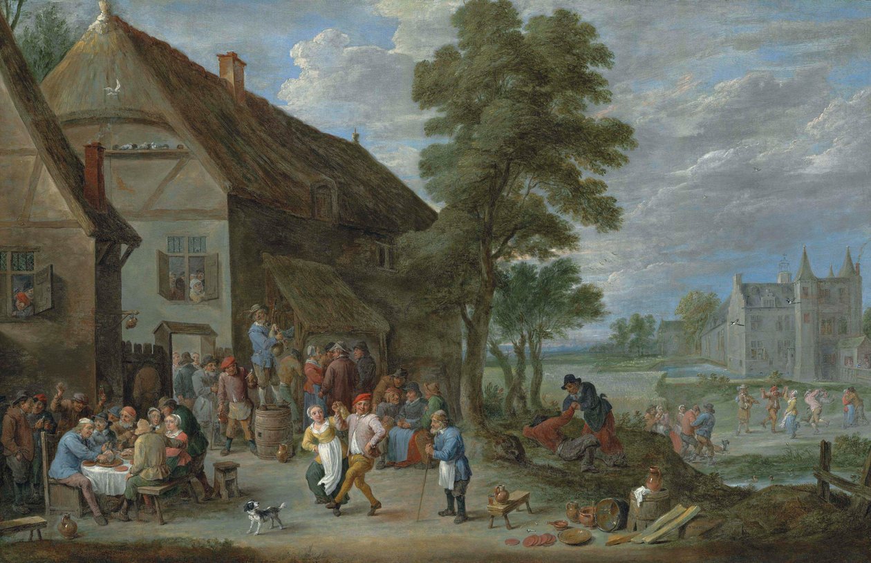 Talonpoikia tanssimassa Perckin majatalon ulkopuolella, jonka takana on Kasteel de Drij Toren. tekijältä David Teniers the Younger