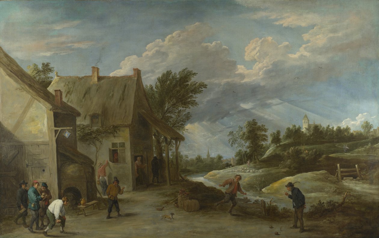 Talonpojat pelaamassa kulhoja Village Innin ulkopuolella, n. 1660 tekijältä David Teniers the Younger