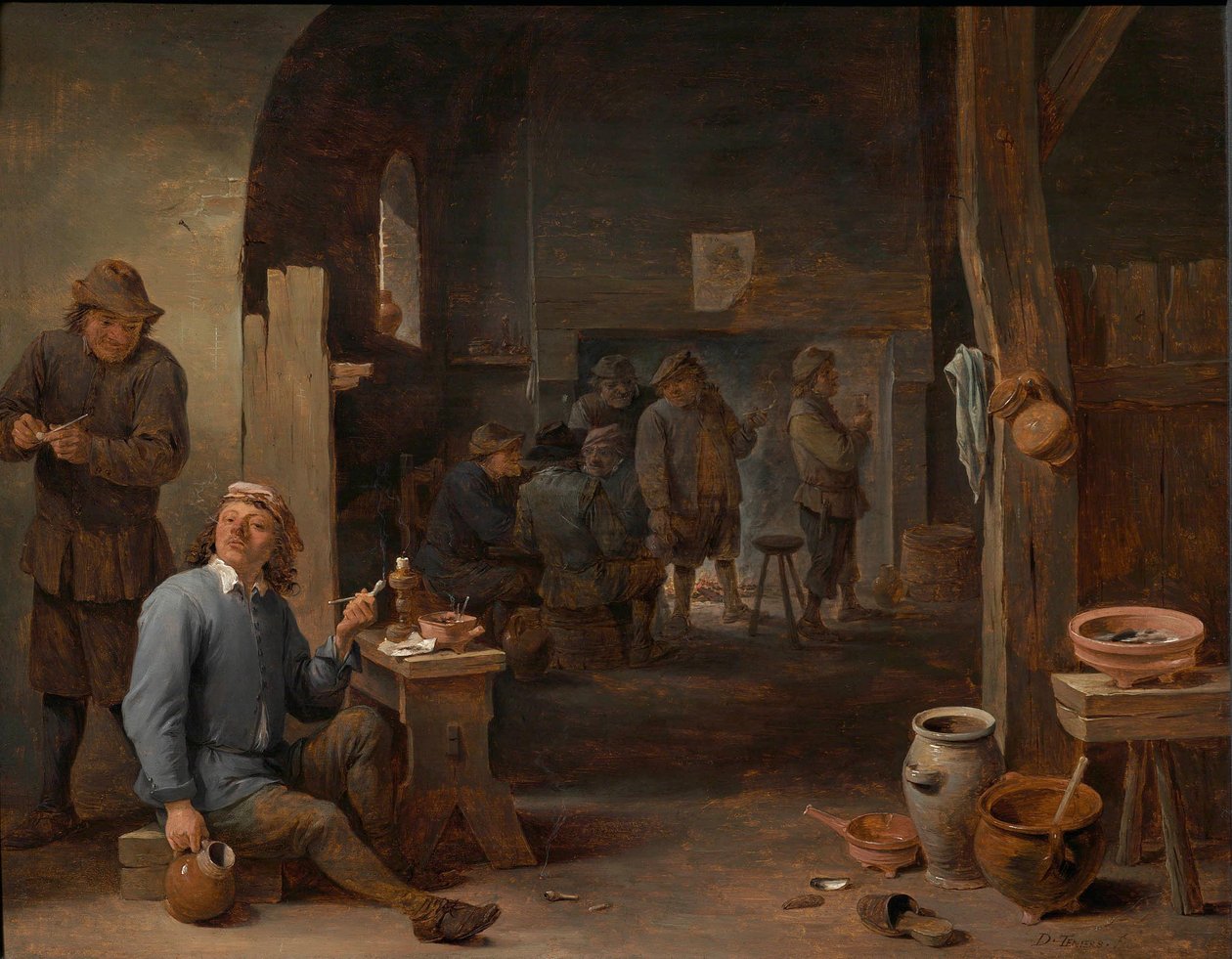 Majatalon sisätilat, jossa talonpojat tupakoivat pöydän ääressä ja keskustelevat tulen ääressä. tekijältä David Teniers the Younger