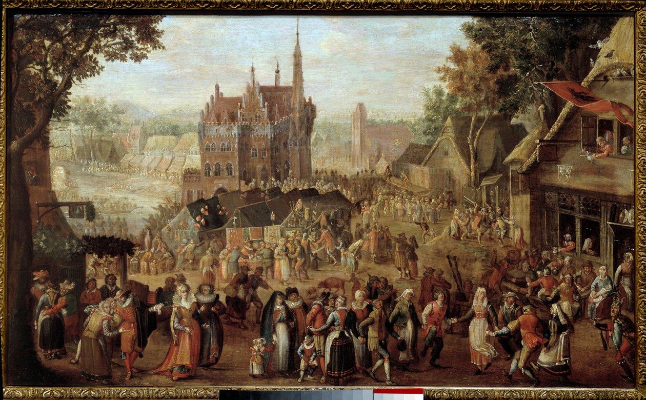 Kermesse Audenardessa (Belgia). Juhlat kylän kirkon edessä. David Vinckboonsin maalaus (tai Vinckeboons tai Vinkeboons 1576-1629) tekijältä David Vinckboons