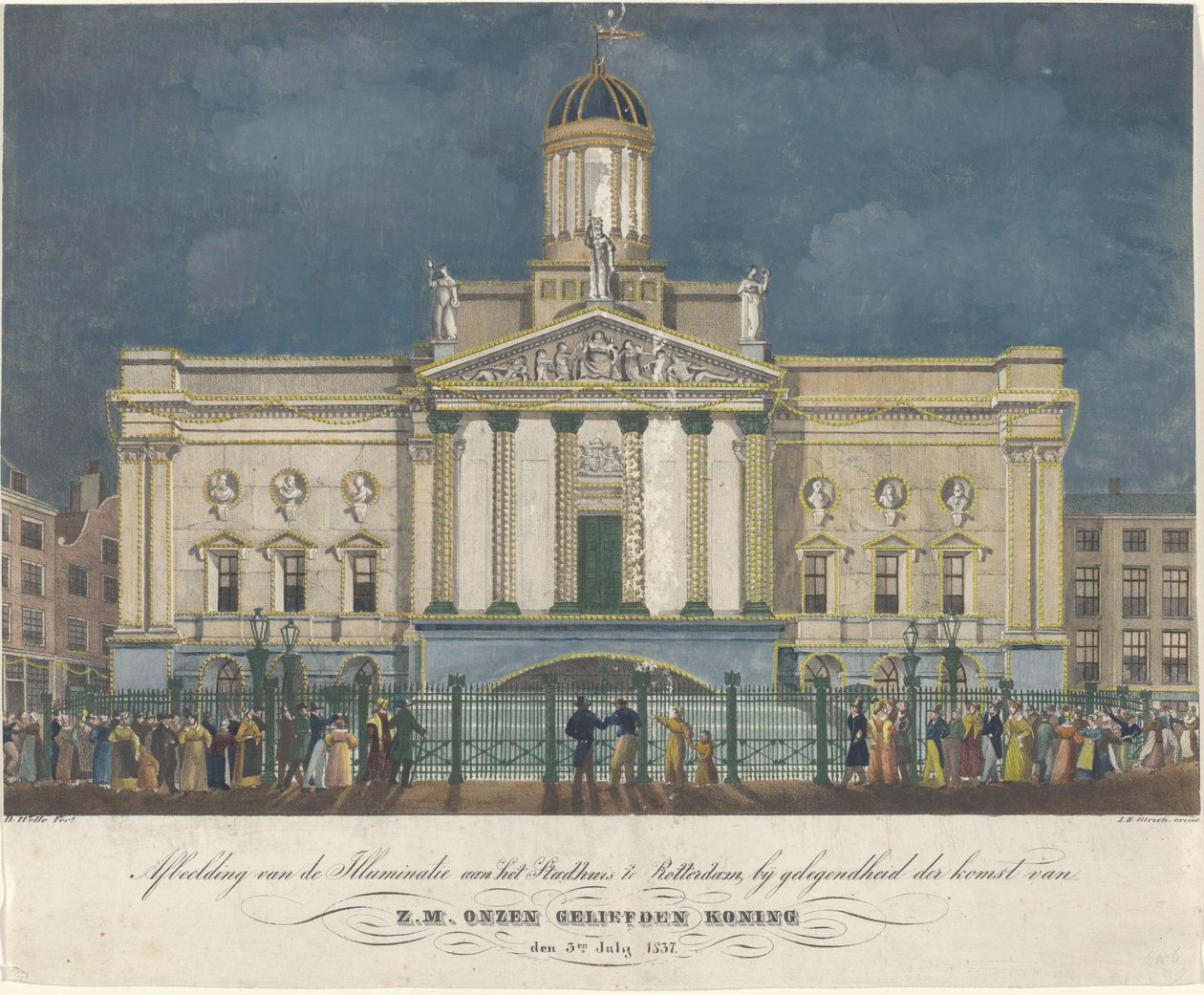 Kuva Rotterdamin kaupungintalon Illuminaatista rakkaan kuninkaamme H.M.:n saapuessa 3. heinäkuuta 1837 (otsikko esineessä) tekijältä David Welle