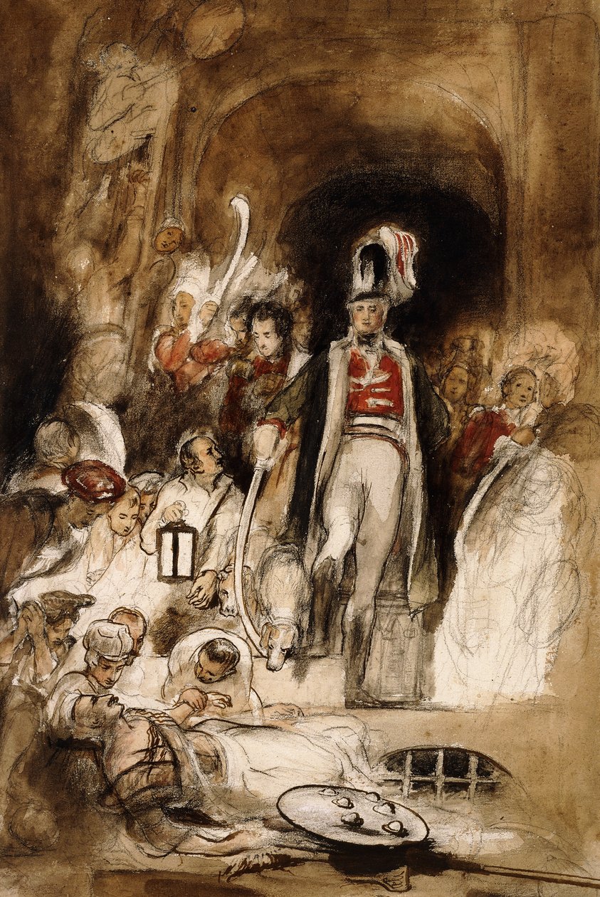 Tutkimus "Sir David Bairdin löytämässä Tipu Sahibin ruumista", 1838 tekijältä David Wilkie