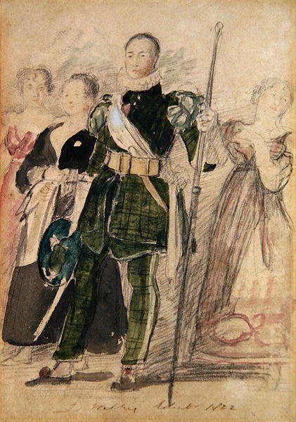 Jousiampuja ja ryhmä naisia Holyroodin palatsissa kuninkaan vierailun aikana tekijältä David Wilkie