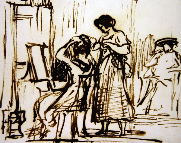Sisustus, jossa nainen pukee hiuksiaan (muste paperille) tekijältä David Wilkie