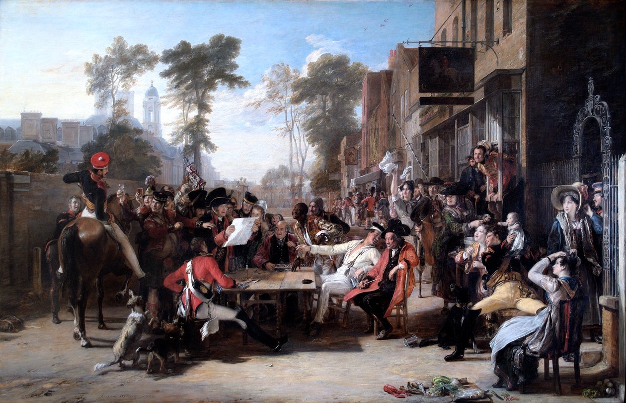 Chelsean eläkeläiset lukemassa Waterloon lähetystä (öljy kankaalle) tekijältä David Wilkie