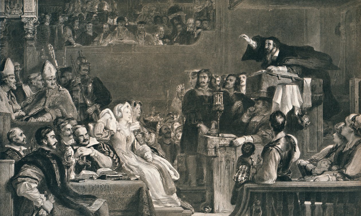 John Knox saarnaa seurakunnan herrojen edessä, 10. kesäkuuta 1559, c1827, 1912 tekijältä David Wilkie